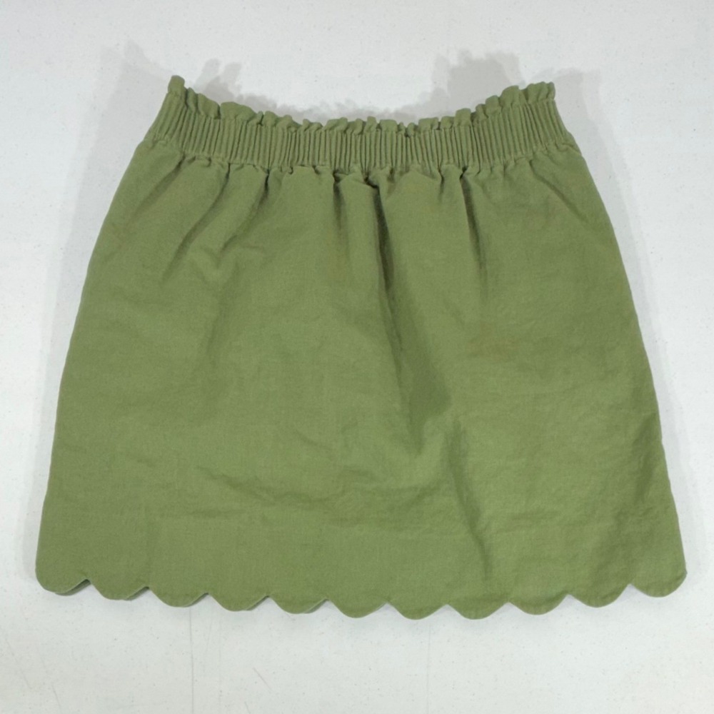 J‎ Crew Mini Skirt Size 4 Olive Green Linen Cotton Scalloped Hem Elastic Waist